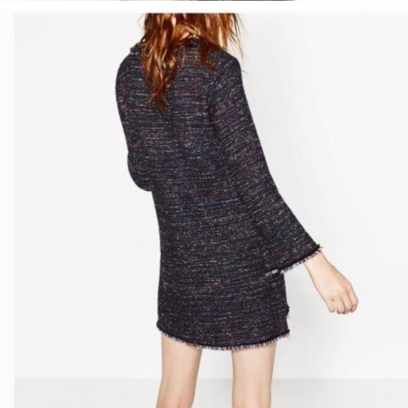 Zara Tweed Fringe Black Tunic Dress Small Bell Sleeves Deep V Neck Stich Colors - Picture 5 of 14